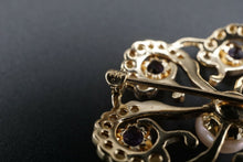 Vtg 14k Yellow Gold Amethyst Seed Pearl Sunburst Scroll Pin Brooch 1.4" OG334