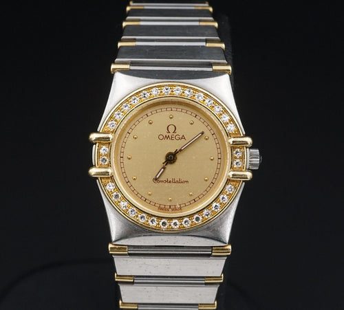 Ladies Vtg Omega Constellation SS 18k Gold 23mm Watch Diamond Bezel 6