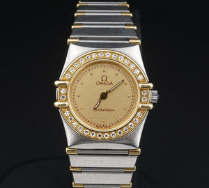 Ladies Vtg Omega Constellation SS 18k Gold 23mm Watch Diamond Bezel 6" CO1001