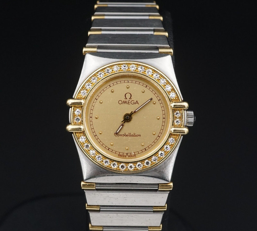 Ladies Vtg Omega Constellation SS 18k Gold 23mm Watch Diamond Bezel 6