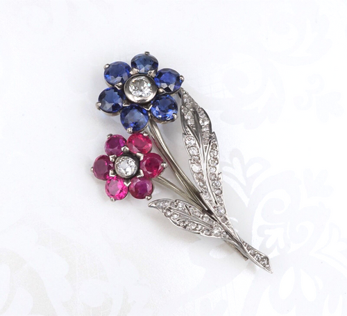 Antique Platinum Gold 5ct Sapphire Ruby Diamond Floral Pin Brooch 1.9