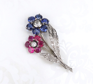 Antique Platinum Gold 5ct Sapphire Ruby Diamond Floral Pin Brooch 1.9" OG441