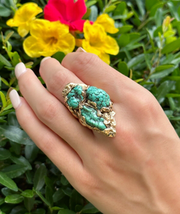 Artist Tom Thomason 14k Yellow Gold Nugget Turquoise Ring Size 8 NM RG4162