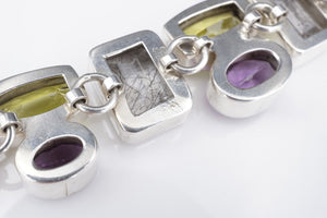 Sterling Silver Rutilated Quartz Amethyst Panel Toggle Bracelet Chunky 7" BS2736
