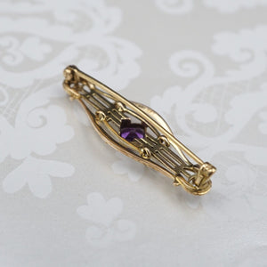 Vintage 14k Gold Bar Pin Brooch Yellow Gold Amethyst Seed Pearl 1/2" OG464