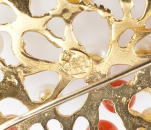 18k Red Coral Pearl Floral Brooch Yellow Gold Abstract Textured Sweden OG470
