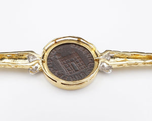 Ancient Coin Bar Pin Brooch 18k Yellow Gold Diamond Ruby Constantine OG221