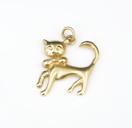 Vintage 14k Cat Charm Pendant Playful Bow Tie Yellow Gold 1