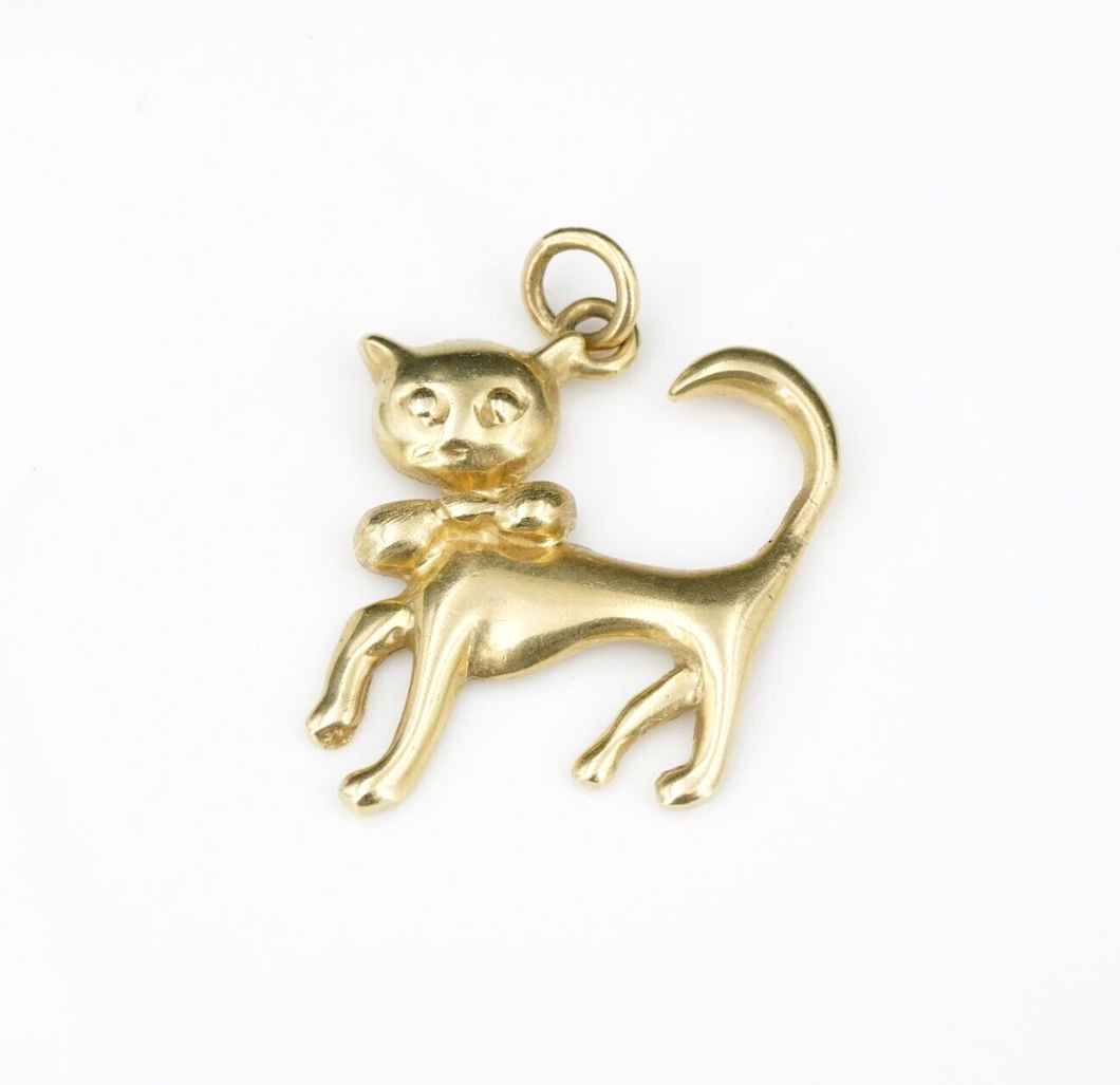 Vintage 14k Cat Charm Pendant Playful Bow Tie Yellow Gold 1