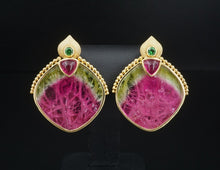 Artisan 18k Yellow Gold Watermelon Tourmaline Clip Earrings 1.8" EG2184