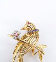 Vintage French 18k Sapphire Ruby Diamond 3D Bird Flower Pin Brooch Gold 2" OG494