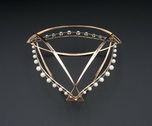 Massive Artisan 14k Rose White Gold Pearl Bangle Modernist Bracelet 7