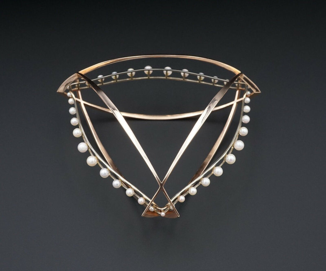 Massive Artisan 14k Rose White Gold Pearl Bangle Modernist Bracelet 7