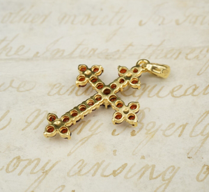 18k Yellow Gold Garnet Budded Botonee Cross Pendant 1.4" Vintage PG1746