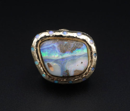 Rare Dian Malouf Ring Sterling Silver 14k Boulder Opal Band Size 8 RS3544