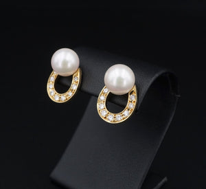 18k Yellow Gold Pearl Diamond Horseshoe Earrings Stud Equestrian 0.6" EG2264