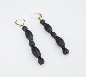 Antique 14k Gold Carved Black Jet Bead Drop Dangle Earrings 2.7" Mourning EG1619