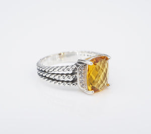 David Yurman Petite Wheaton Ring Diamond Citrine Sterling Silver 10mm 6 RS3514