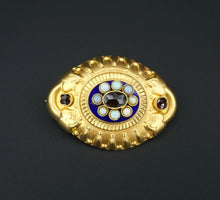 Antique 18k Yellow Gold Etruscan Revival Opal Blue Enamel Pendant Brooch OG291