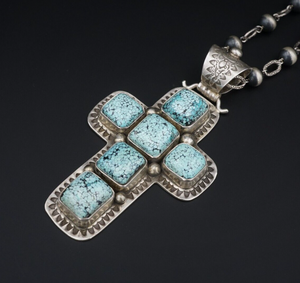 David Troutman Sterling Spiderweb Turquoise Cross Pendant Necklace 3.5" PS1975