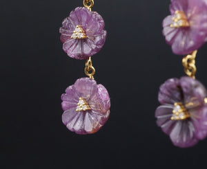 18k Gold Carved Sapphire Diamond Flower Dangle Earrings Purple 1.6" EG2455