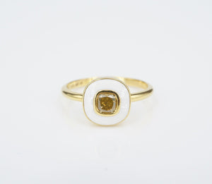 14k Gold Orange Diamond with White Enamel Halo Ring Sz 6.5 Circle Modern RG4070