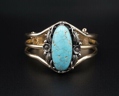 Navajo Emil Benally Vintage 14k Yellow Gold Turquoise Cuff Bracelet 6.25