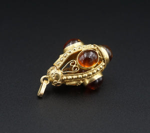 Antique 18K Gold Amber Cabochon Openwork Cage Fob Pendant 1.3" PG1744