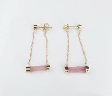 NWOT 14k Gold Raw Pink Tourmaline Bar Diamond Dangle Post Earrings 1.25" EG1836