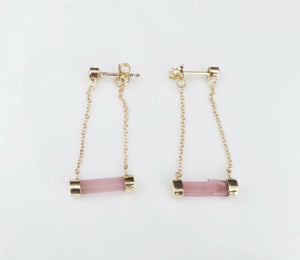 NWOT 14k Gold Raw Pink Tourmaline Bar Diamond Dangle Post Earrings 1.25" EG1836