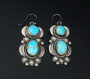 Navajo Sterling Silver Blue Turquoise Squash Blossom Necklace & Earrings NS2048