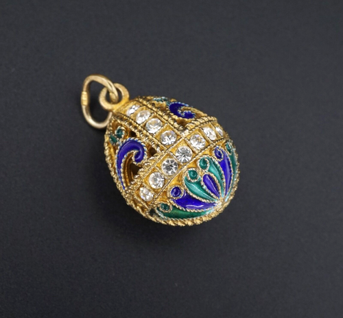 Russian Sterling Vermeil Enamel Crystal Imperial Style Egg Pendant 1.2