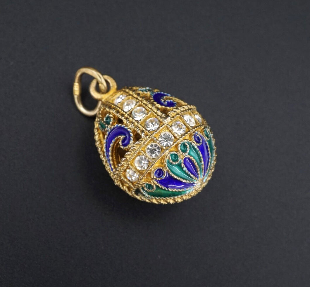 Russian Sterling Vermeil Enamel Crystal Imperial Style Egg Pendant 1.2
