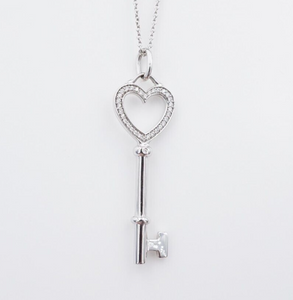 Tiffany & Co 18k Diamond Heart Key Pendant Necklace 1.5" Box White Gold NG1548