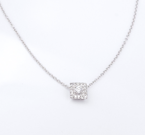 Diamond Halo Necklace 14k White Gold Square Fixed Pendant Natural 16" NG1612