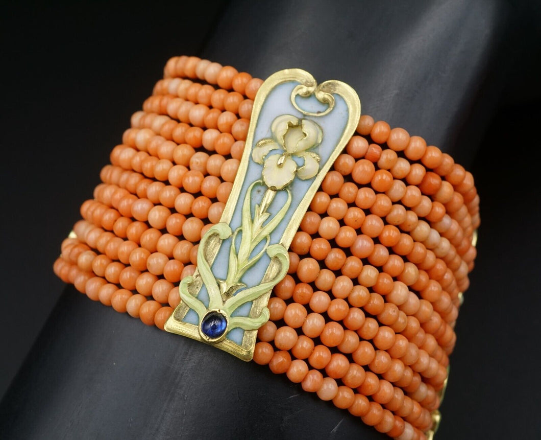 Art Nouveau Plique a Jour Sapphire Station Bracelet Coral 18k Enamel Rare BG906