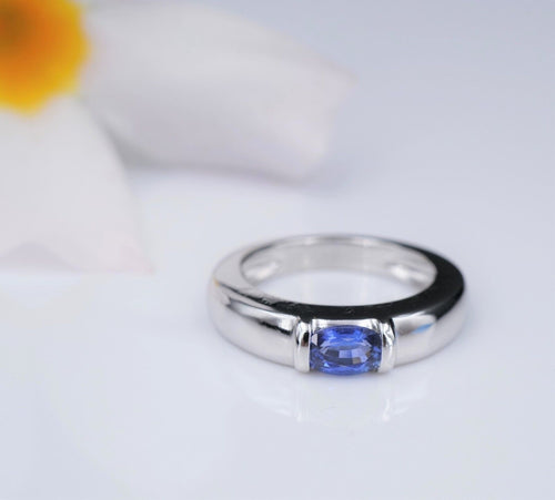 French 18k White Gold Blue Sapphire Chaumet Solitaire Ring Sz 4.75 Band RG3573