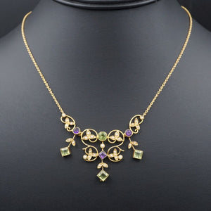 Antique Edwardian 15k 18k Gold Amethyst Peridot Suffragette Necklace 16" NG1424