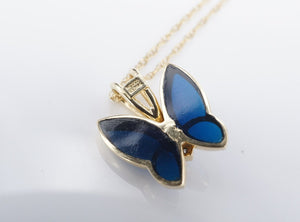 14k Yellow Gold Blue Plique A Jour Diamond Butterfly Pendant Necklace 18" NG1573