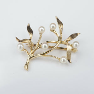 Vintage 1940s Fisher & Co 14k Gold Pearl Olive Leaf Branch Brooch Pin 1.2" OG359