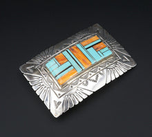 Signed Navajo RS Sterling Silver Turquoise Spiny Oyster Belt Buckle 3" M1790
