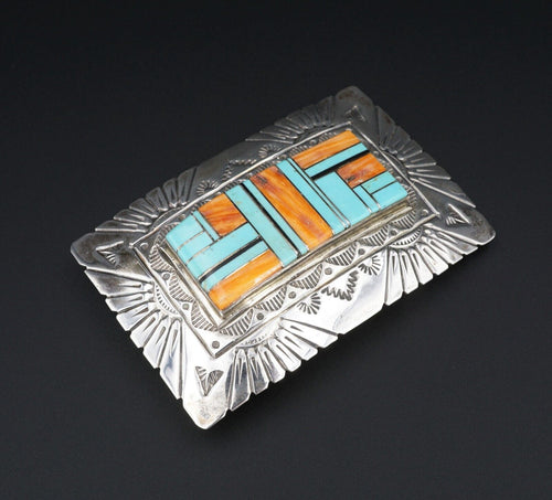 Signed Navajo RS Sterling Silver Turquoise Spiny Oyster Belt Buckle 3