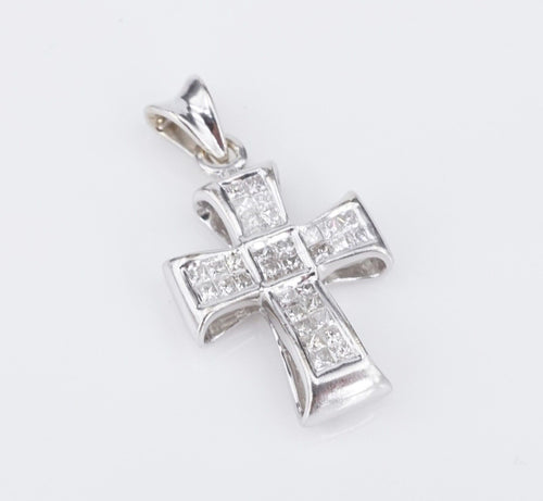 14k White Gold Diamond Cross Pendant Invisible Set Pave Princess 1