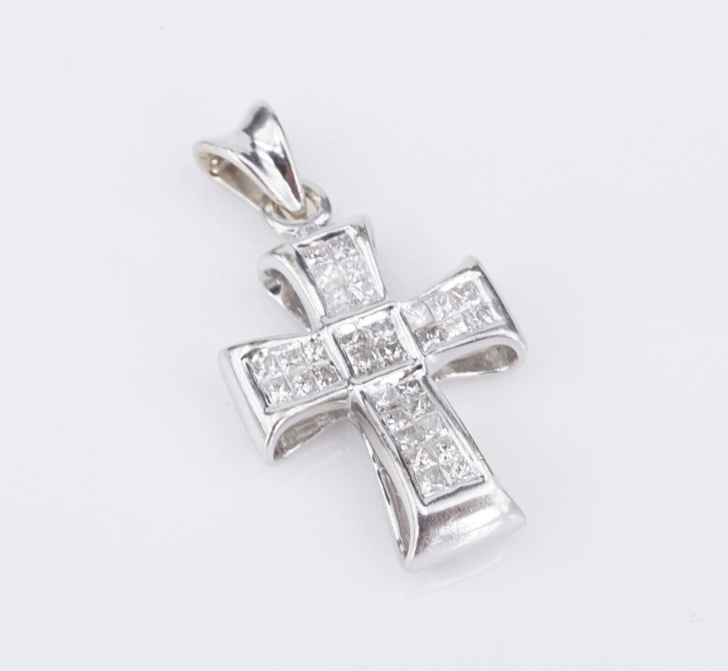 14k White Gold Diamond Cross Pendant Invisible Set Pave Princess 1