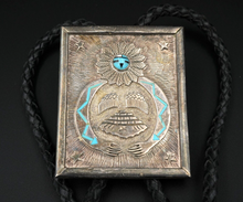 Large Native American Sterling Silver Turquoise Kachina Overlay Bolo Tie M1791