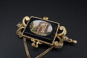 Antique 1850s 14k Gold Arch of Titus Micro Mosaic Inlay Brooch OG391