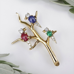 Van Cleef & Arpels VCA 18k Gold Ruby Sapphire Emerald Bird Brooch Pin 2" OG440