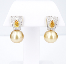 18k Two Tone Gold Diamond Orange Sapphire 13 mm South Sea Pearl Earrings EG2282