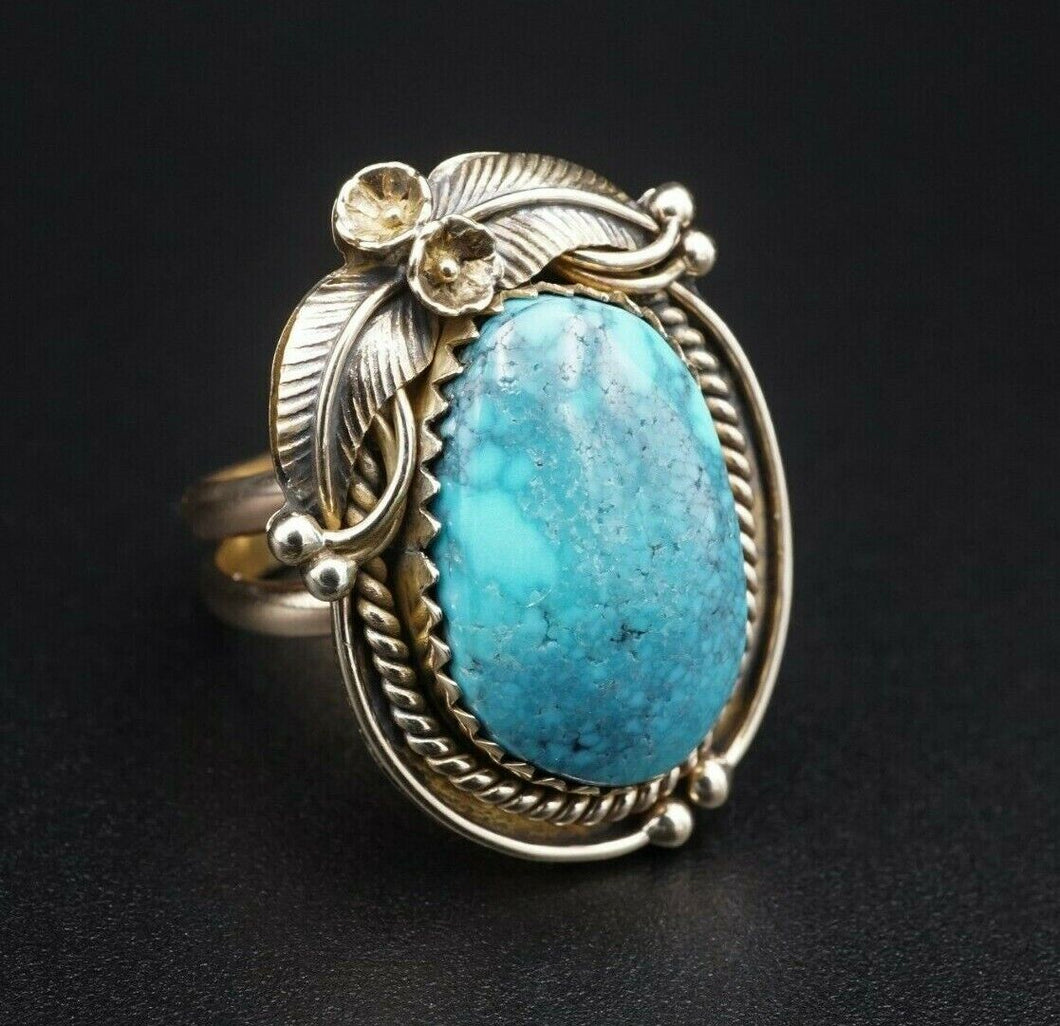 Navajo Artisan Andy Lee Kirk 14k Yellow Gold Turquoise Ring Size 7 RG1966