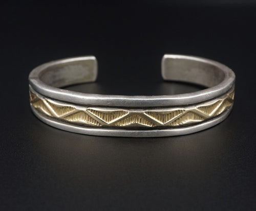 Navajo Bruce Morgan Sterling Silver 14k Gold Etched Cuff Bracelet 6.5